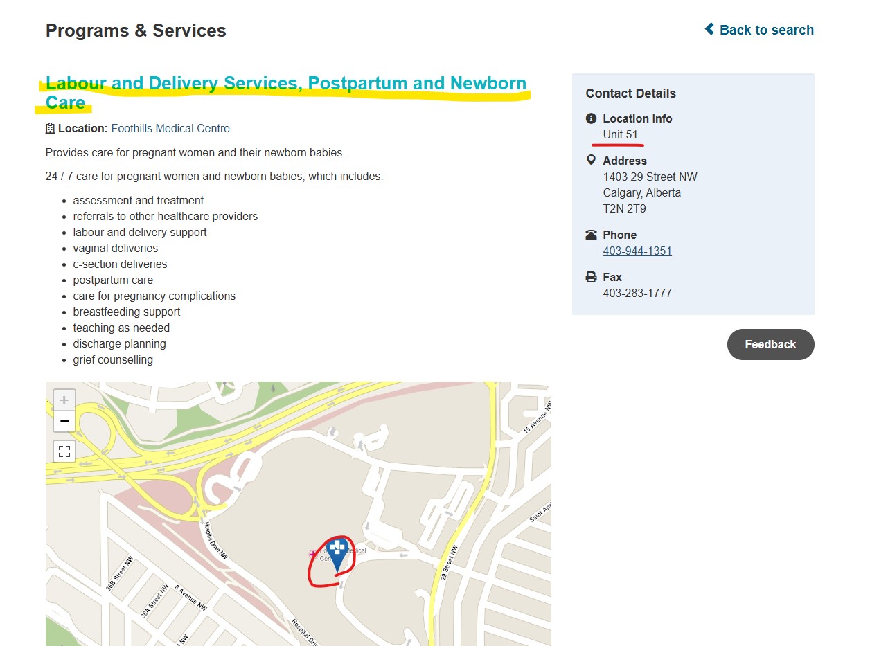 캘거리 풋힐 병원 분만실, calgary foothills labour and delivery services